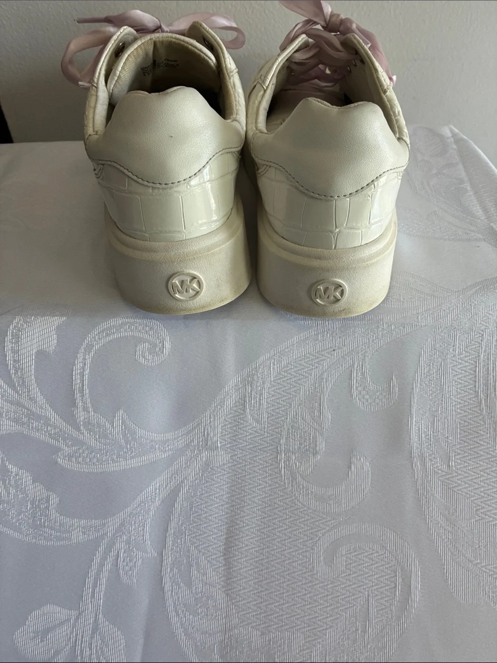 Michael Kors Cream Leather Sneakers with Light Pink Ribbon Laces